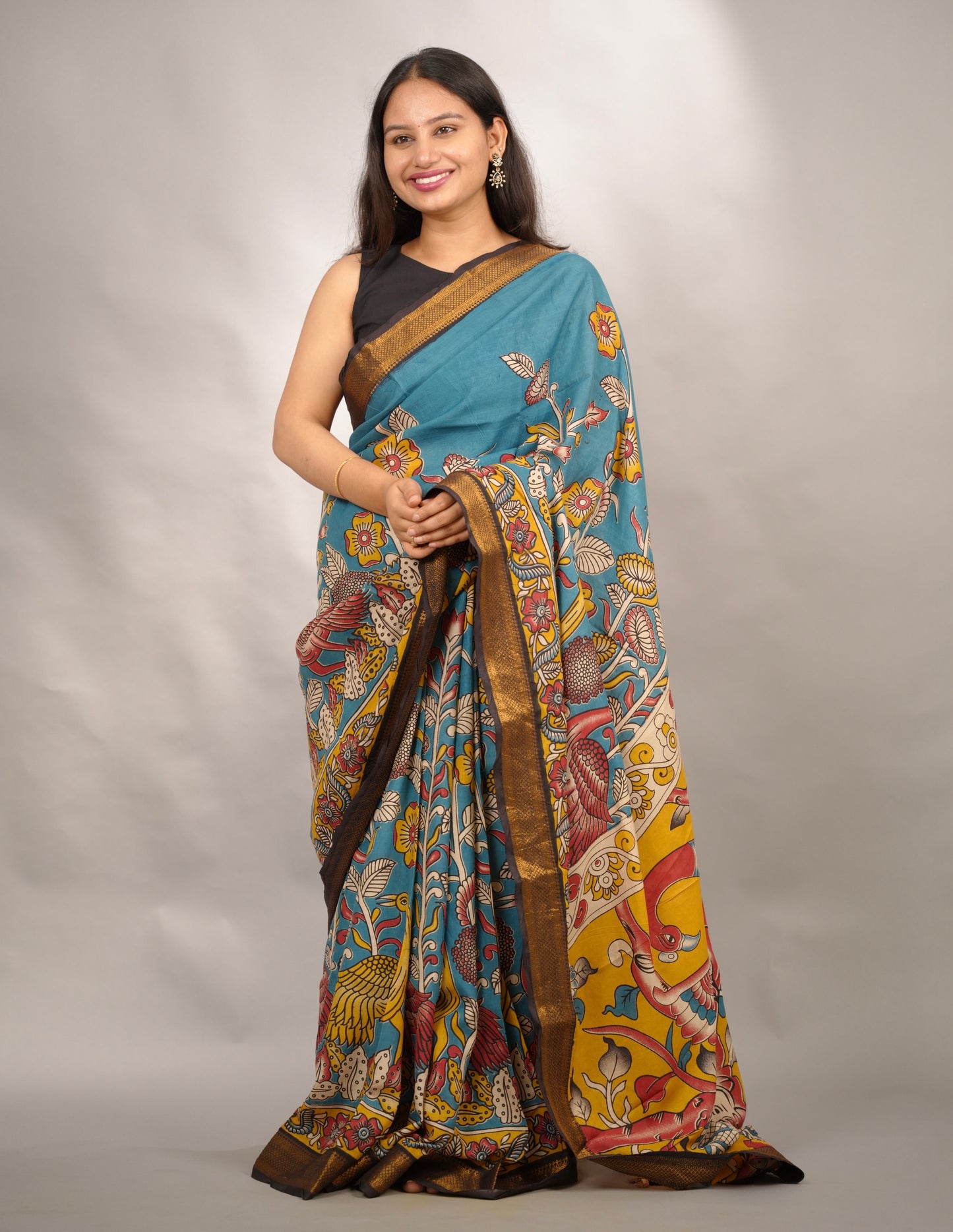 Blue Kalamkari Nizam Border Chennur Silk Saree | Looms & Tassels