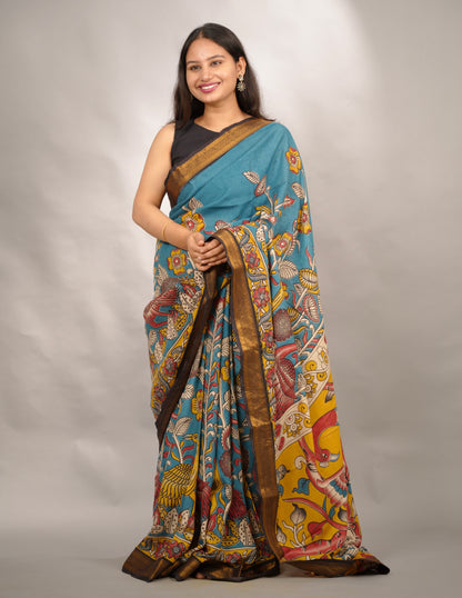 Blue Kalamkari Nizam Border Chennur Silk Saree | Looms & Tassels