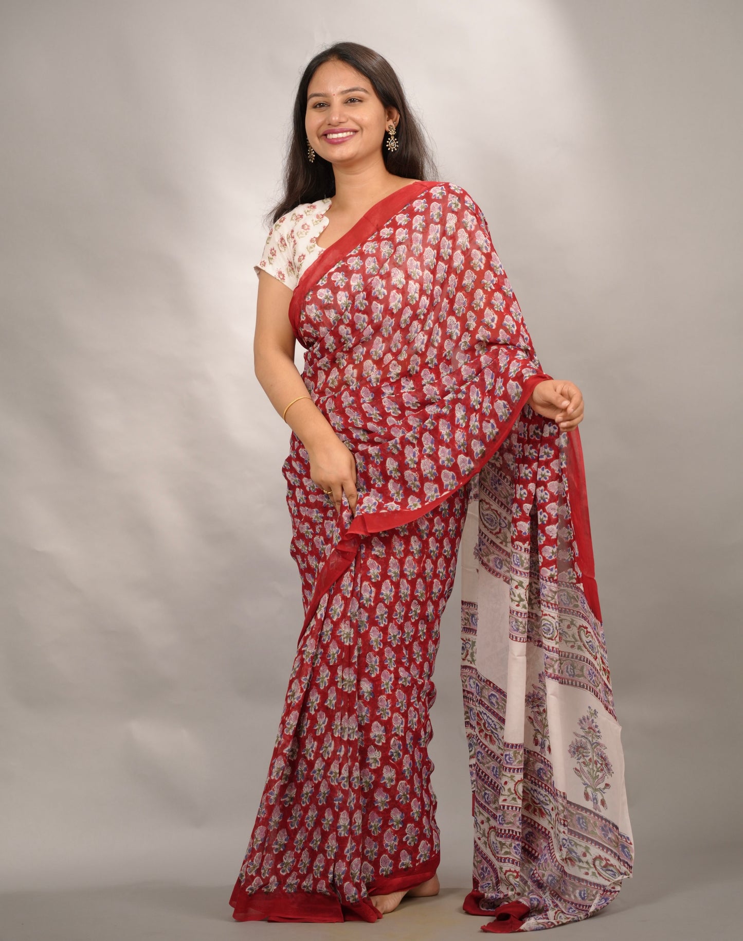 Maroon Georgette Hand Block Printed Saree| Looms & Tassels