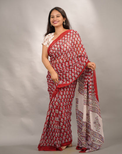 Maroon Georgette Hand Block Printed Saree| Looms & Tassels