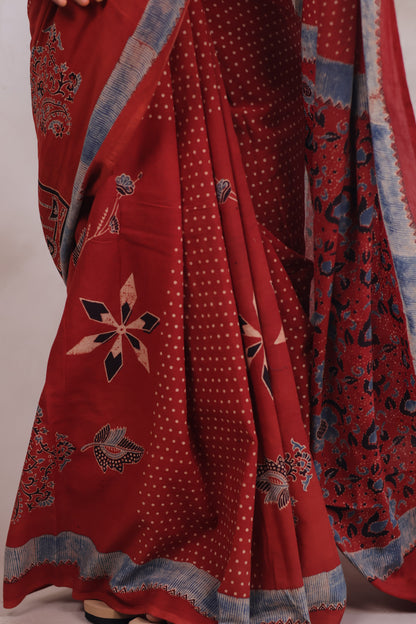 Red Ajrakh Hand Block Printed Mul Cotton Saree | Looms & Tassels