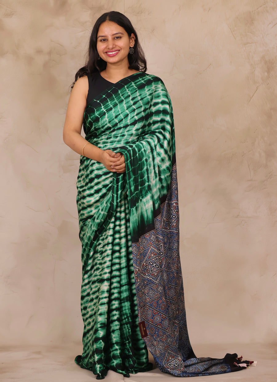 Tie & Dye Ajrakh Handblock Printed Modal Silk Saree | Looms & Tassels