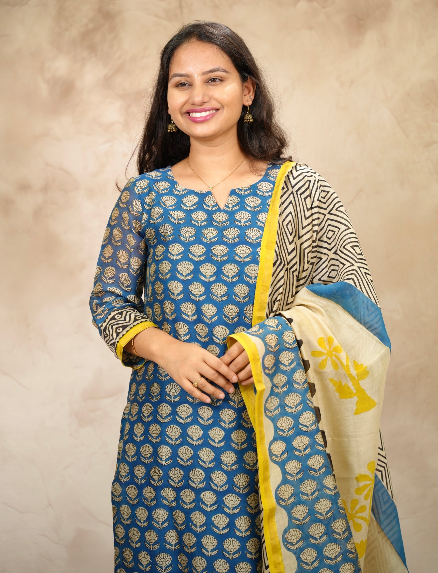 Blue Handblock printed Pure Chenderi Silk 3 piece suit (stitched) |  Looms & Tassels