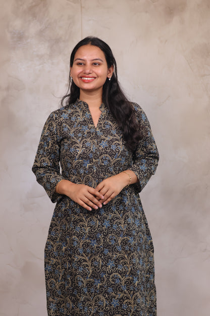 Grey Ajrakh Hand Block Printed Kurti | Looms & Tassels