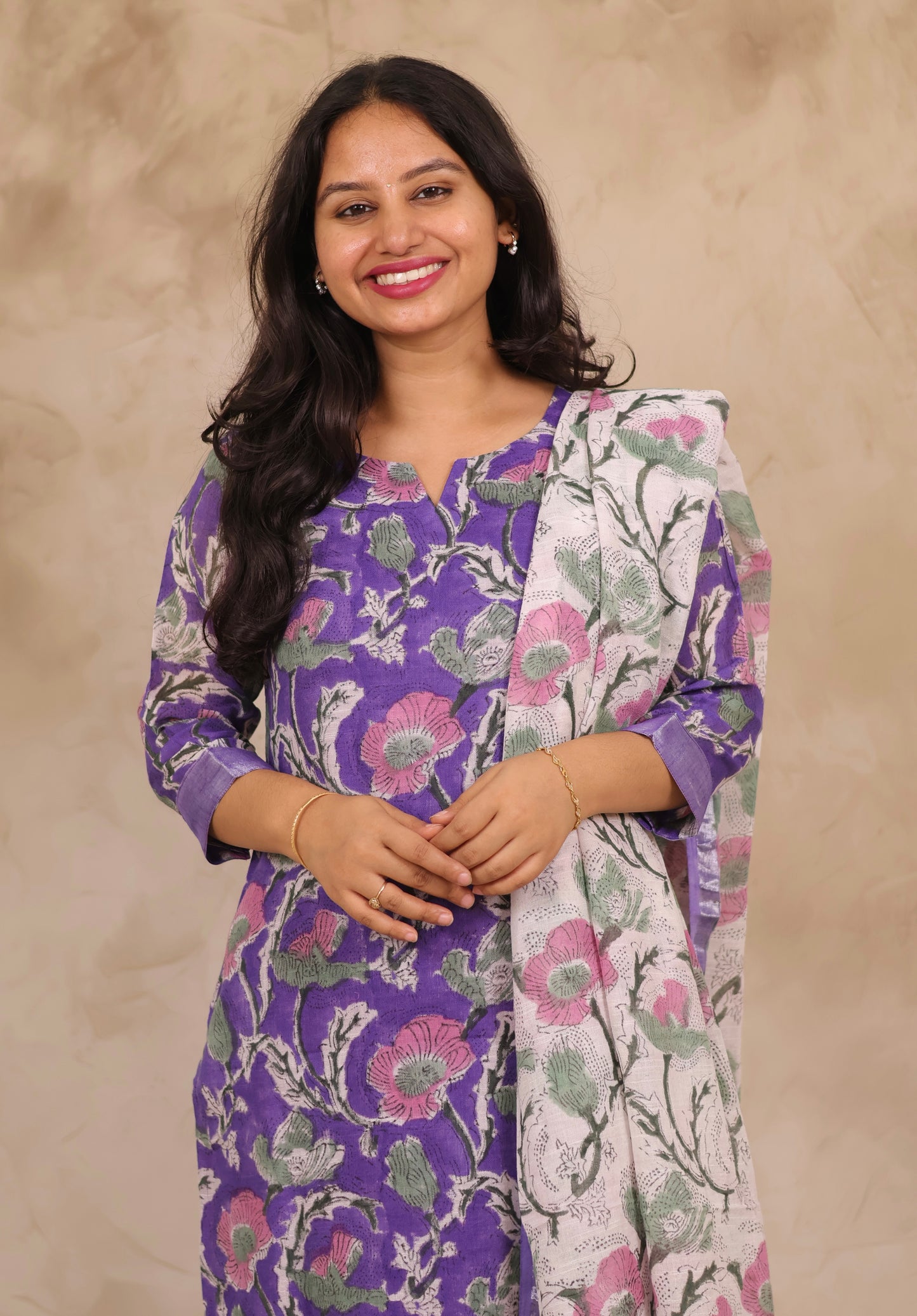 Lavender Linen Cotton Handblock printed 3 piece suit (stitched)