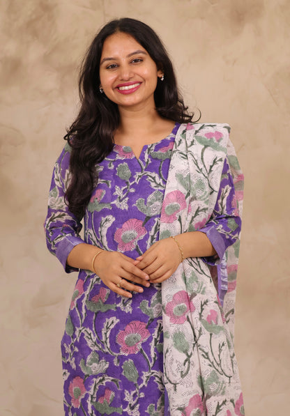 Lavender Linen Cotton Handblock printed 3 piece suit (stitched)