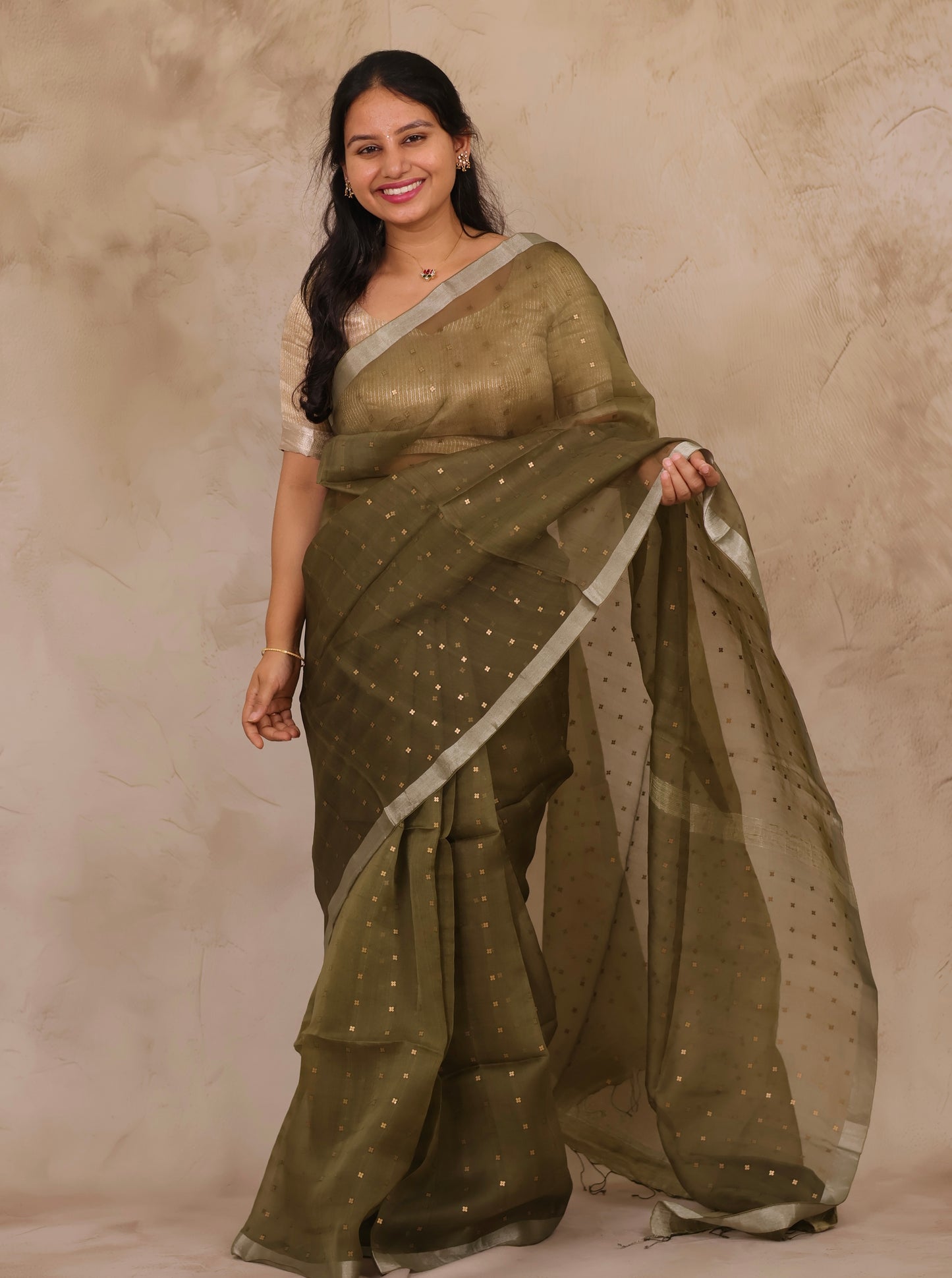Olive Green Handwoven Muslin Silk Saree With Sequence Work | Looms & Tassels