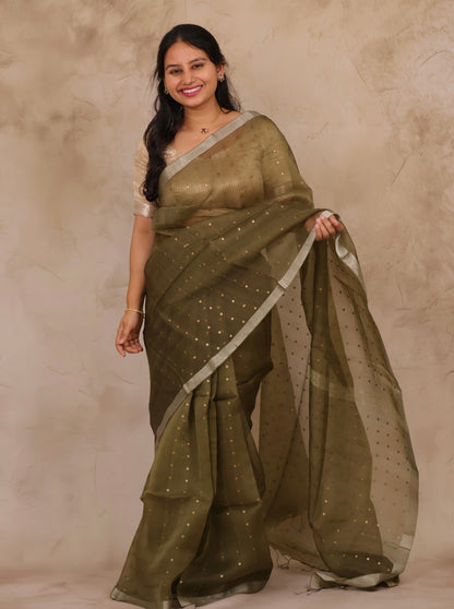 Olive Green Handwoven Muslin Silk Saree With Sequence Work | Looms & Tassels