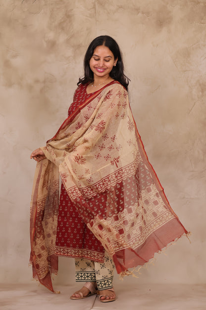 Maroon Handblock printed kota 3 piece suit (stitched)