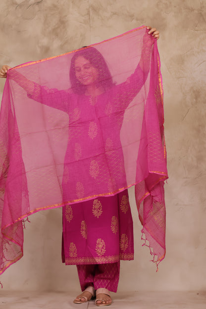 Magenta Handblock printed Pure Mul Cotton with Kota Doria Duppata 3 piece suit (stitched)