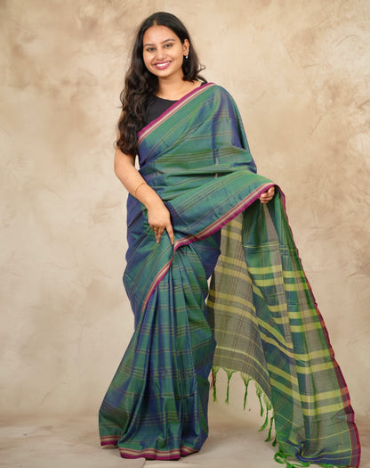Green Duel Tone Narayanpet Cotton Saree lines weaving | Looms & Tassels