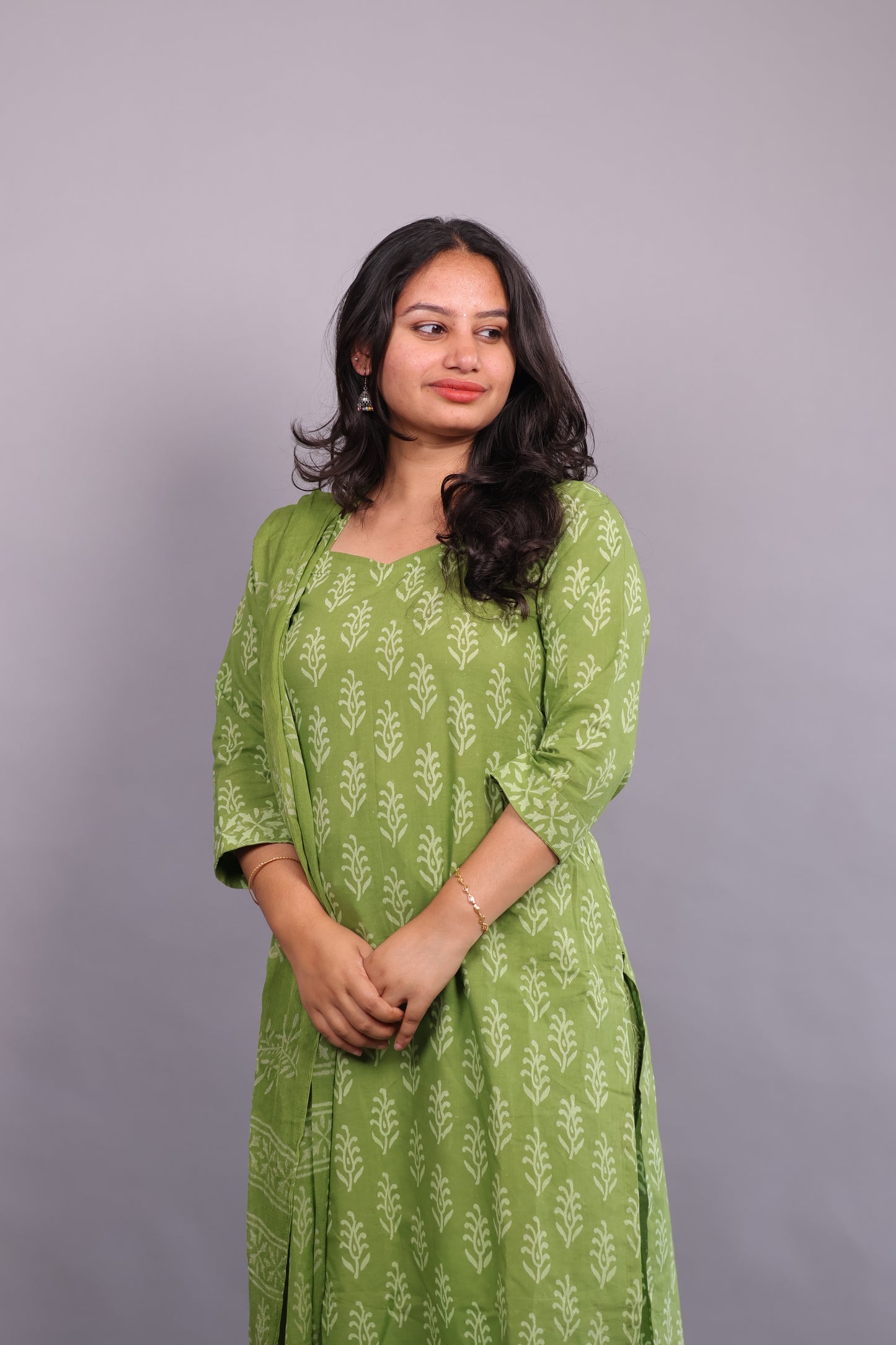 Green Handblock printed Pure Mul Cotton with Mul Cotton Duppata 3 piece suit (stitched)