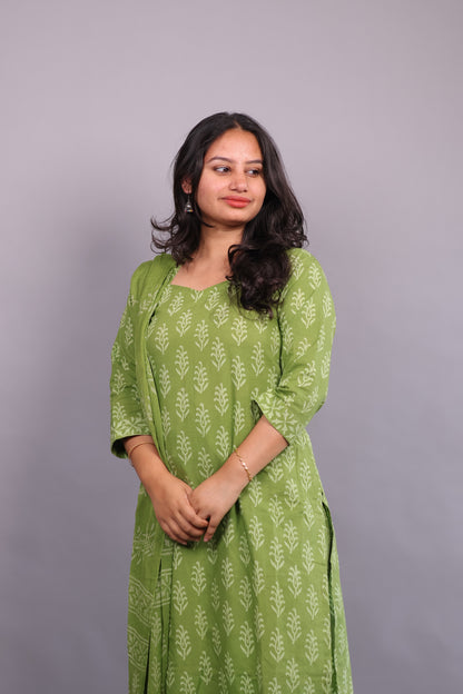 Green Handblock printed Pure Mul Cotton with Mul Cotton Duppata 3 piece suit (stitched)