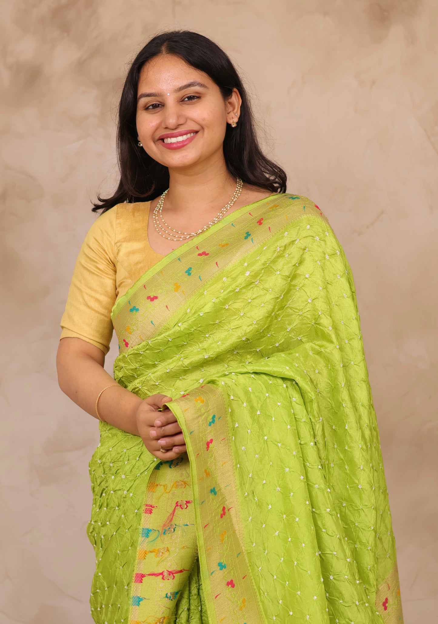Pista Green Handcrafted Bandhani Paithani Dola Silk Saree | Looms & Tassels