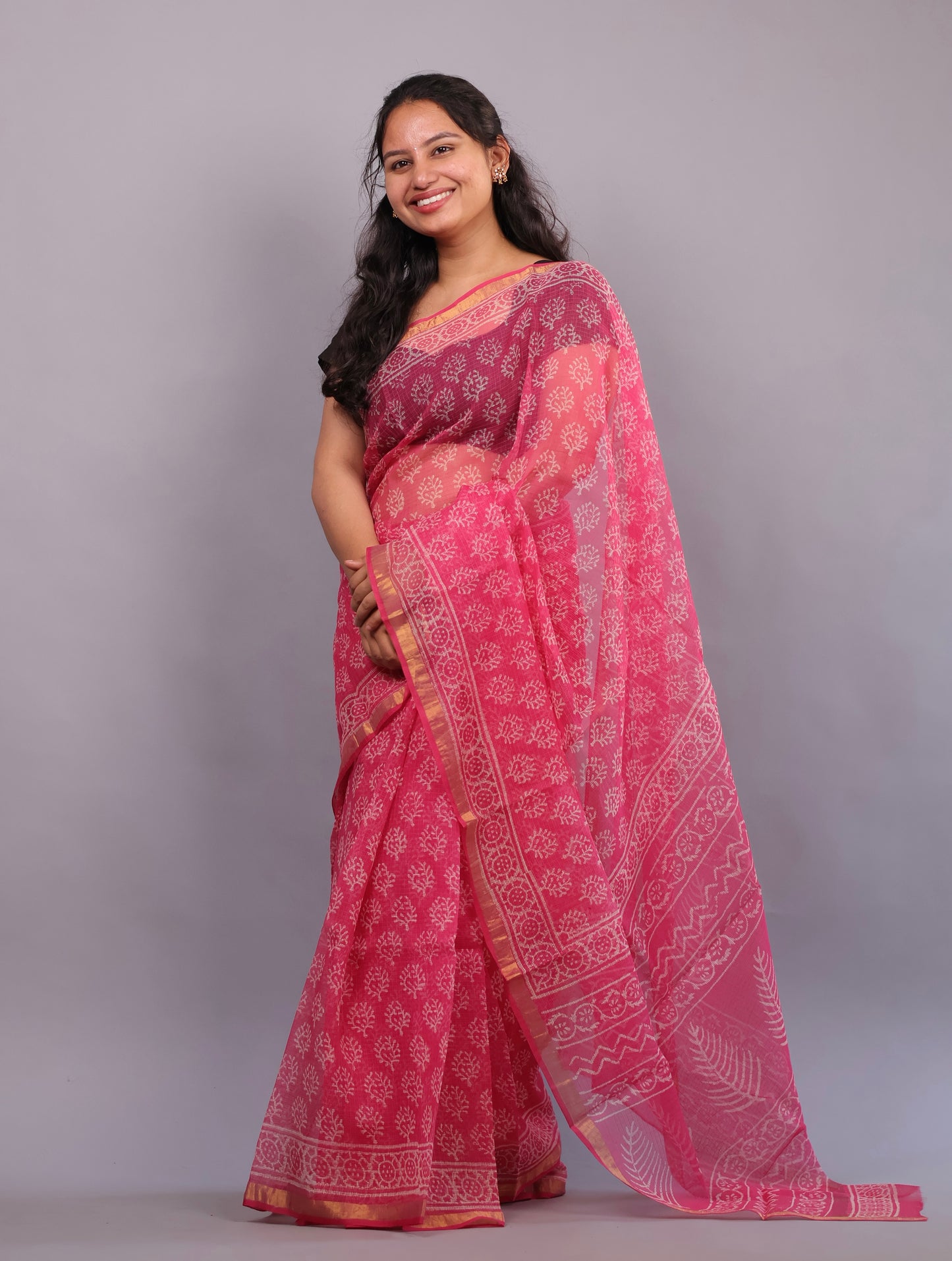 Pure Kota Doria Saree with Bagru Handblock Prints – Pink | Looms&Tassels