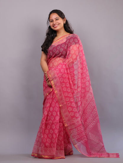 Pure Kota Doria Saree with Bagru Handblock Prints – Pink | Looms&Tassels