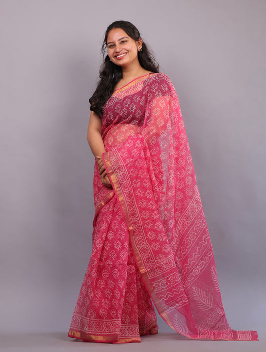 Pure Kota Doria Saree with Bagru Handblock Prints – Pink | Looms&Tassels