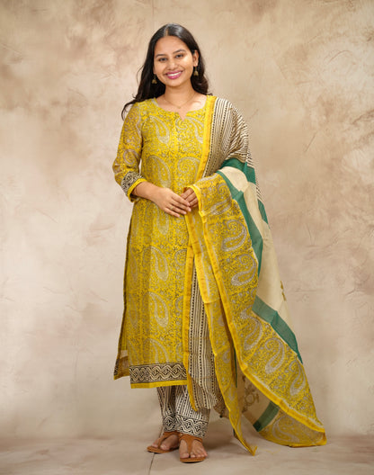 Yellow Handblock printed Pure Chenderi Silk 3 piece suit (stitched) |  Looms & Tassels
