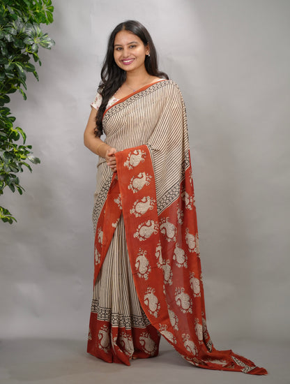 Stripes Contemporary Georgette Hand Block Printed Saree| Looms & Tassels