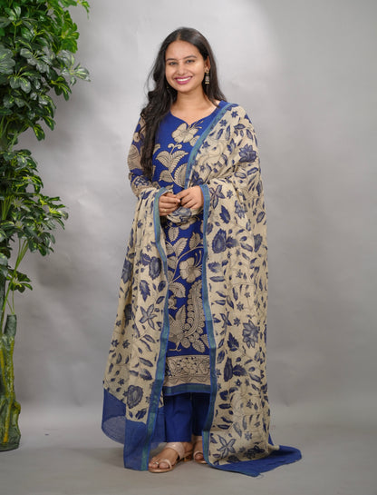 Blue Kalamkari Kota Cotton 3 piece suit (stitched) | Looms & Tassels