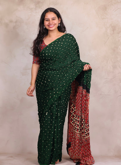 Bottle Green Hand Knotted Bandhej Modal Silk Saree with Ajrakh Pallu | Looms & Tassels