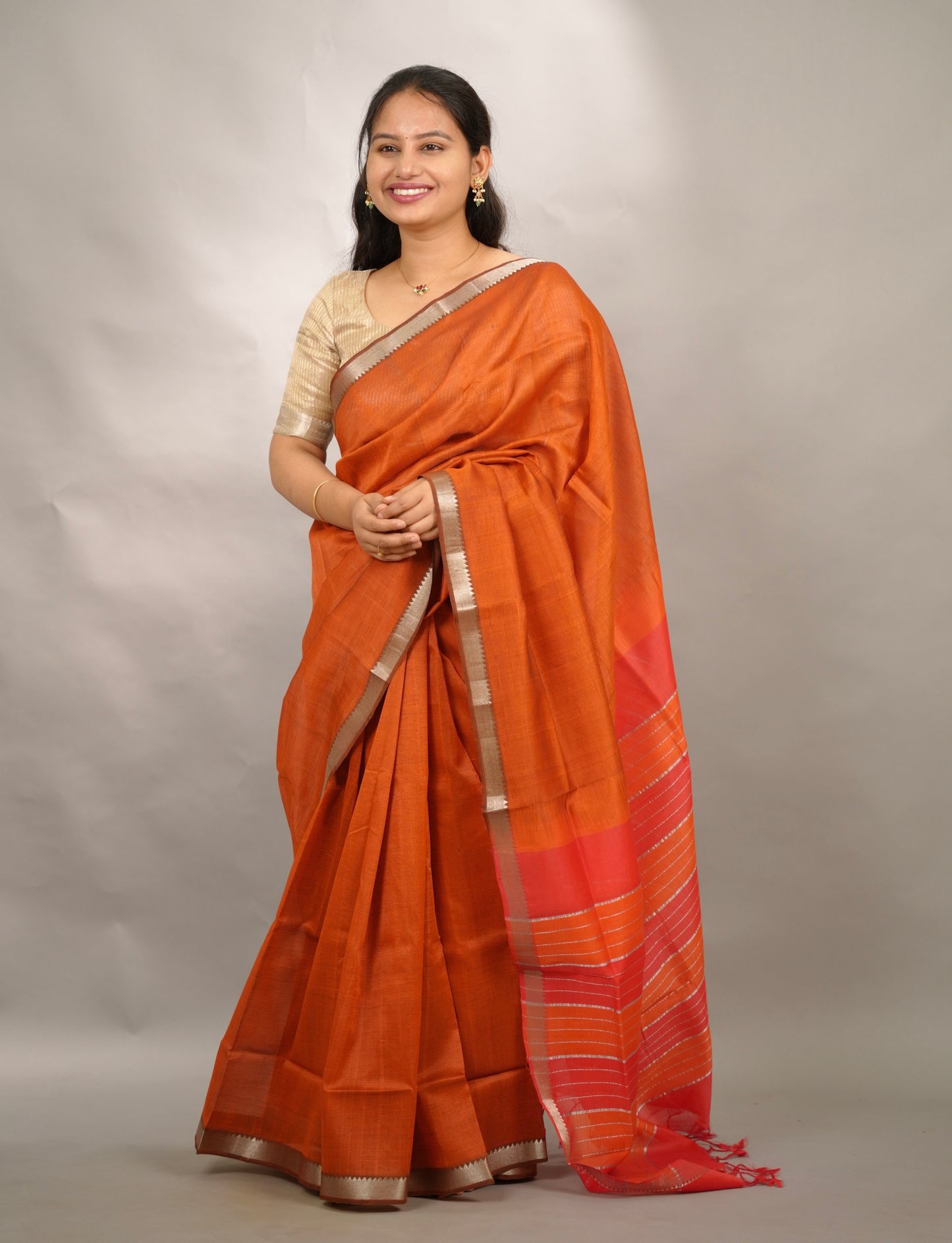 Rust Handloom Mangalagiri Silk Saree| Looms & Tassels