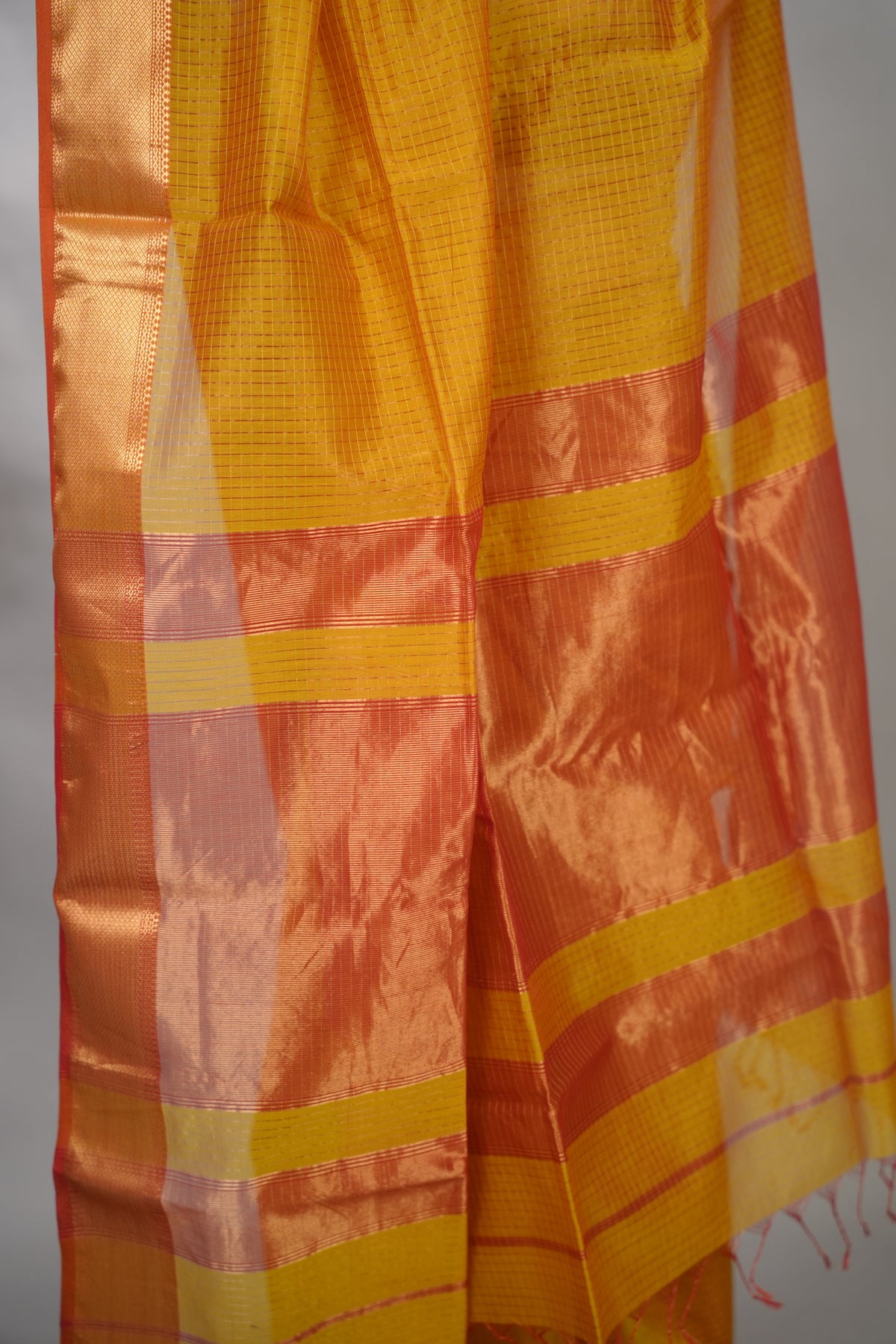 Mustard Yellow Checks Handloom Maheswari Silk Cotton Sarees | Looms & Tassels