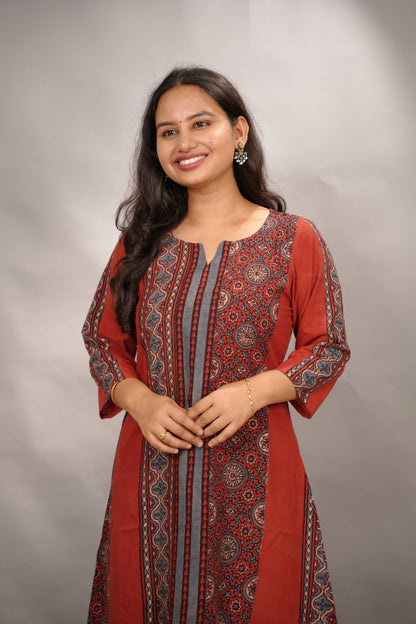 Red Ajrakh Pattern Hand Block printed Kurti | Looms & Tassels