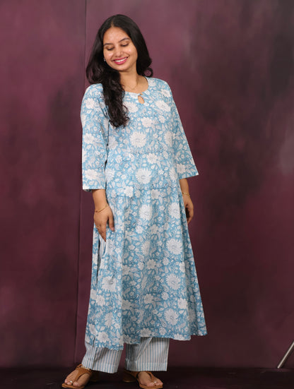 Powder Blue Pure Mul Cotton Aline Kurta Set (Set of 2) | Looms & Tassels