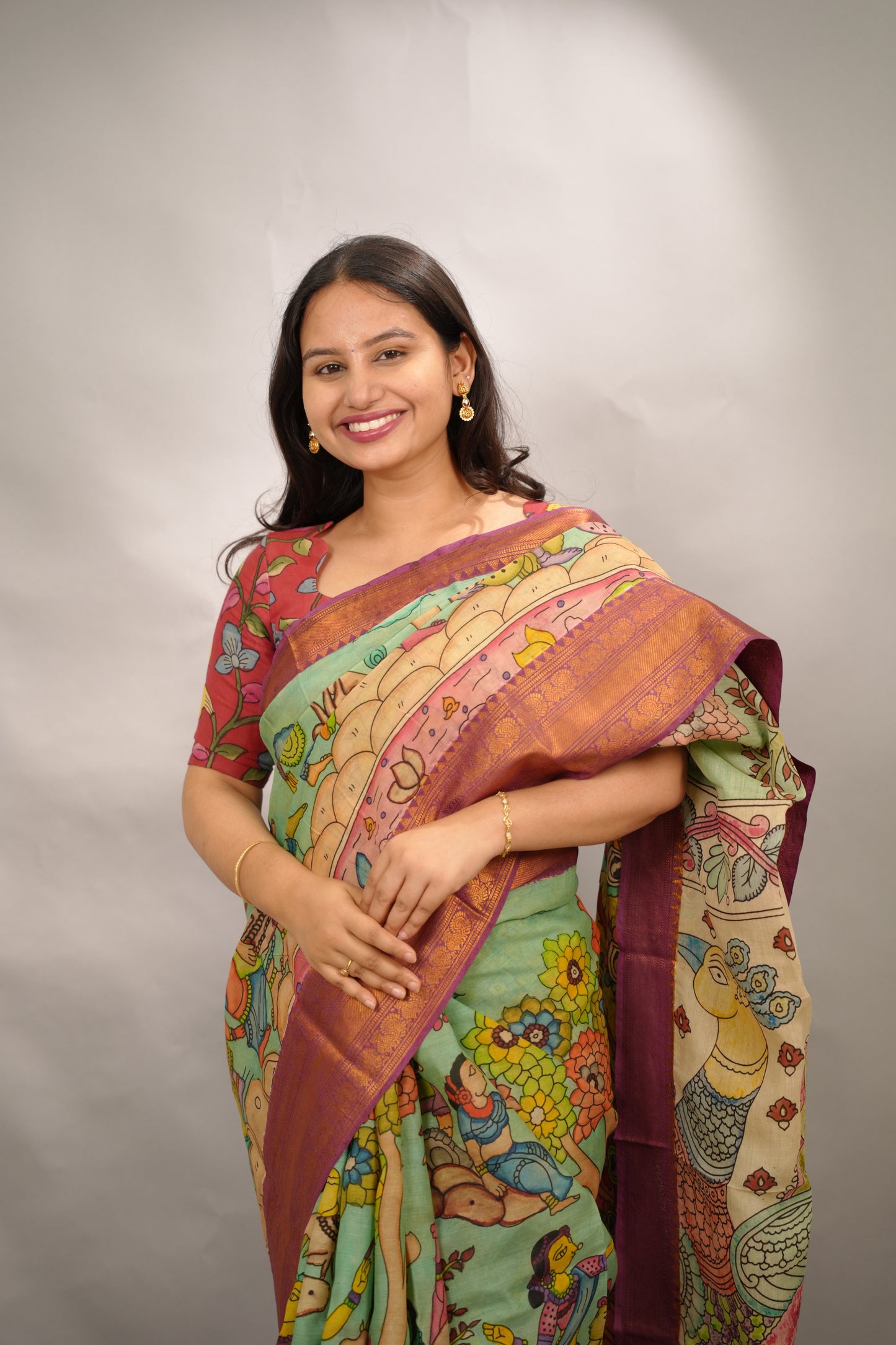 Pista Green Hand Drawn Pen Kalamkari Bangalore Silk Kanchi Border Saree | Looms & Tassels