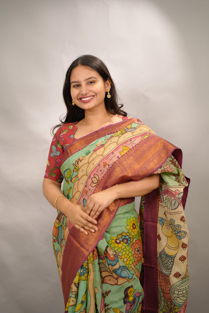 Pista Green Hand Drawn Pen Kalamkari Bangalore Silk Kanchi Border Saree | Looms & Tassels