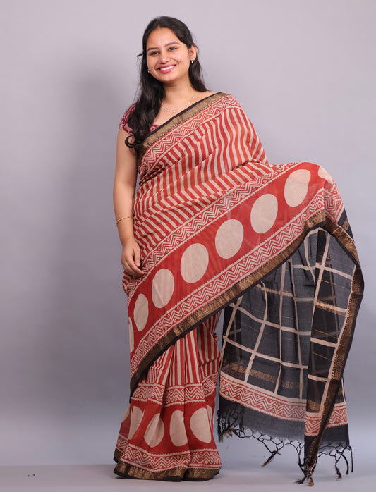 Red Bagru Hand Block Printed Maheswari Silk Cotton Saree