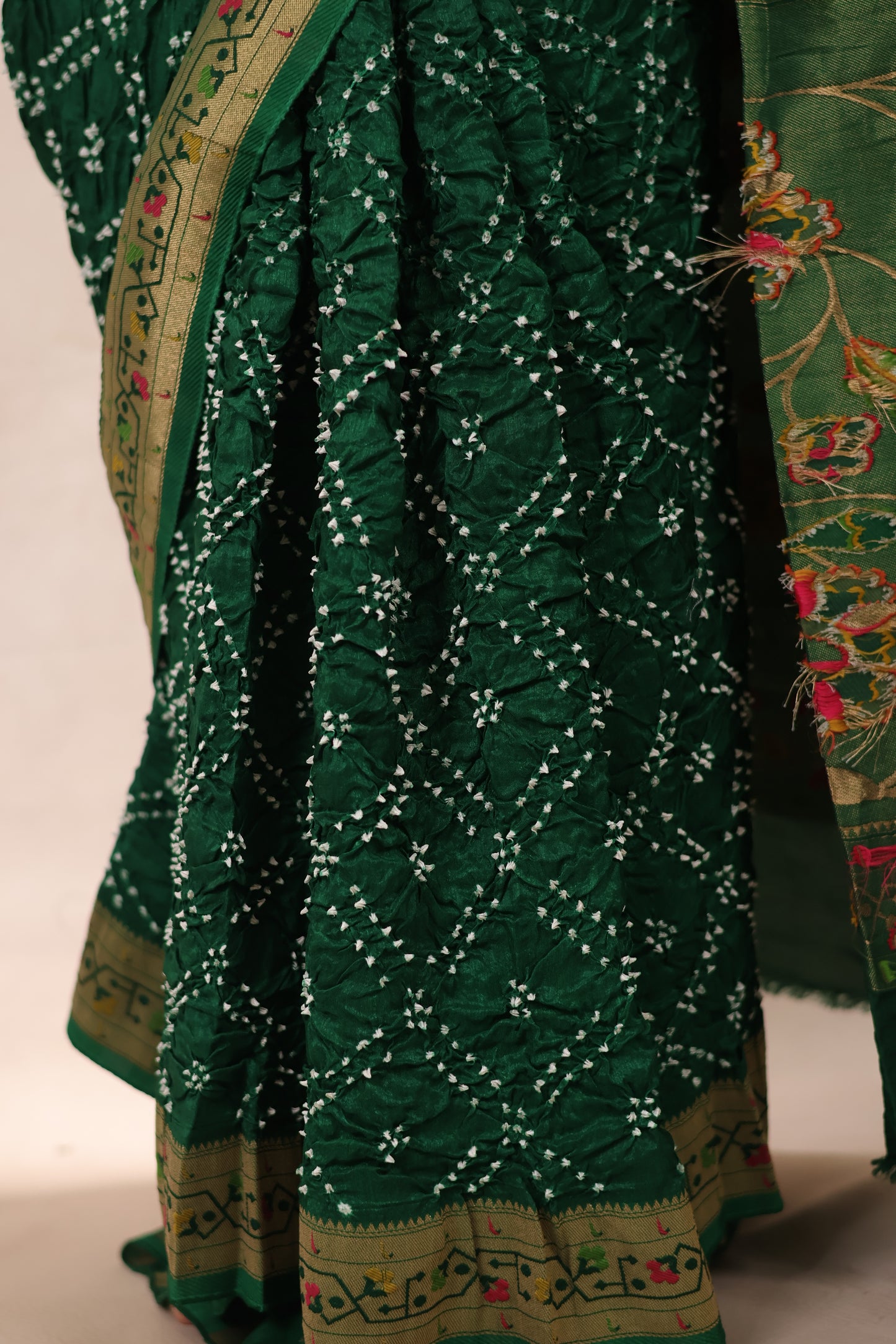 Green Handcrafted Pattern Bandhani Paithani Dola Silk Saree | Looms & Tassels