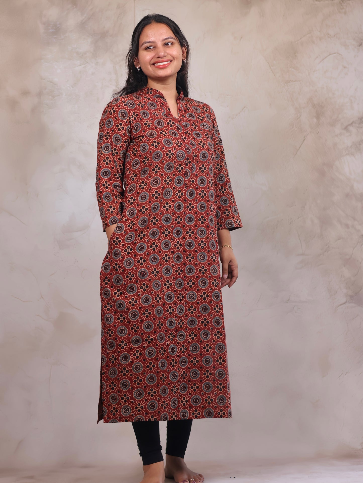 Red Ajrakh Hand Block Printed Kurti | Looms & Tassels