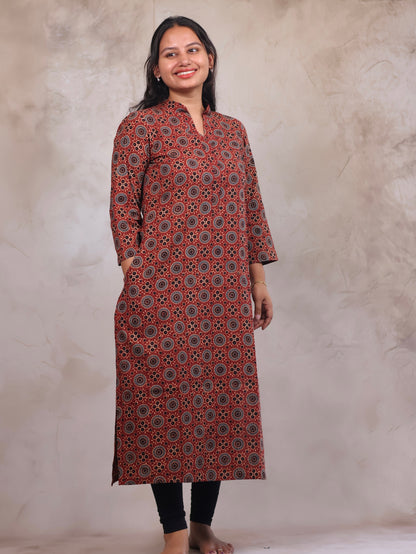 Red Ajrakh Hand Block Printed Kurti | Looms & Tassels