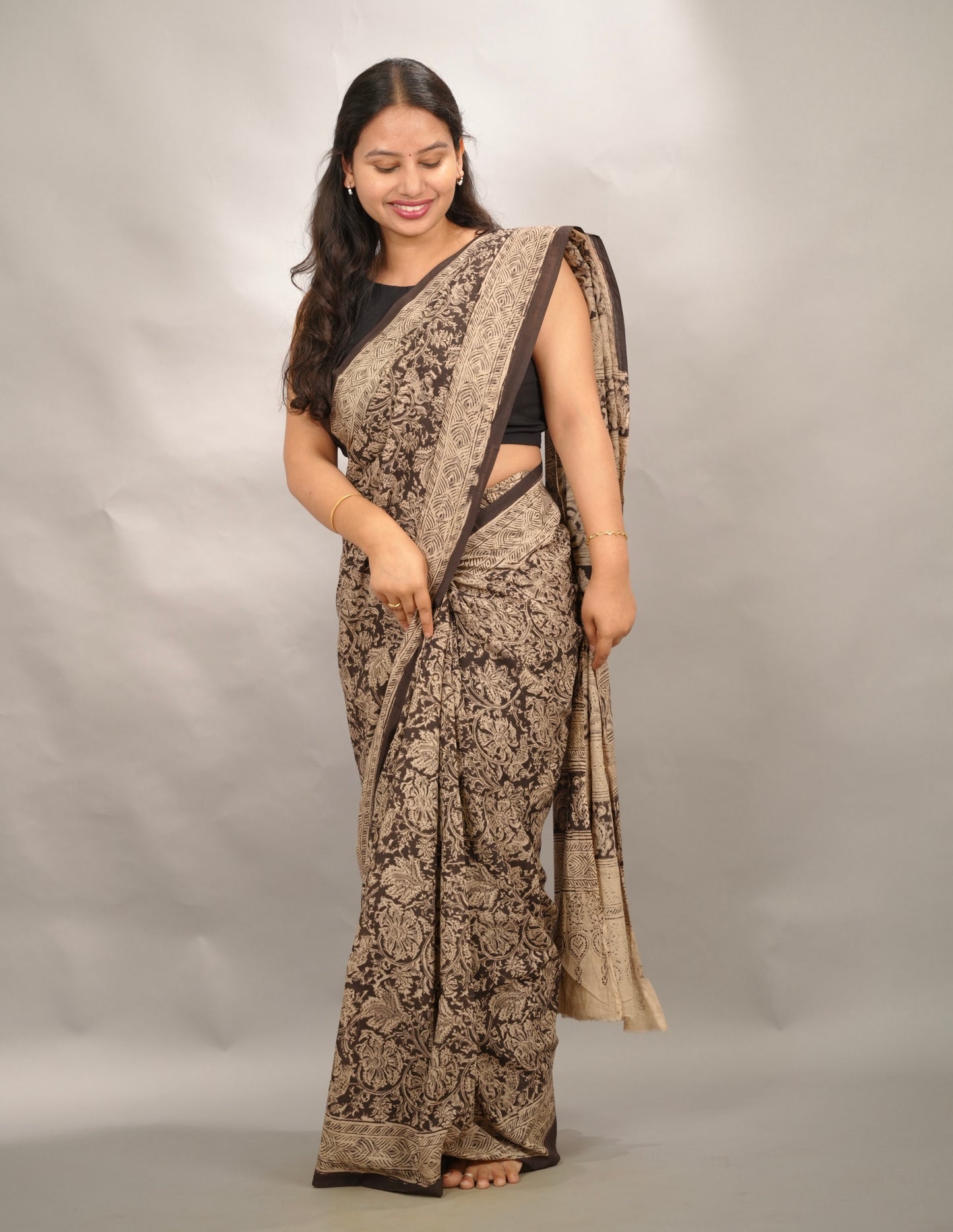 Black Hand Block Printed Kalamkari Cotton Saree | Looms & Tassels
