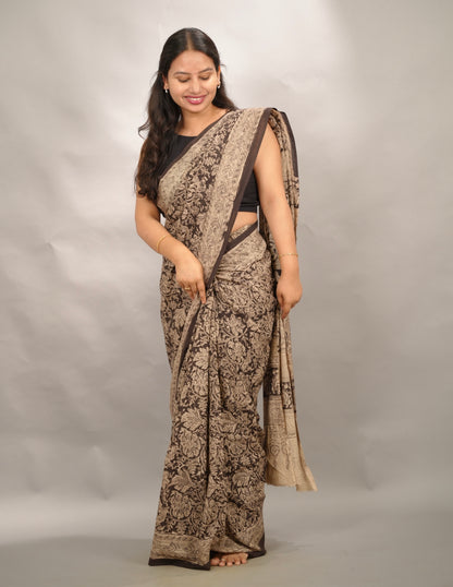 Black Hand Block Printed Kalamkari Cotton Saree | Looms & Tassels