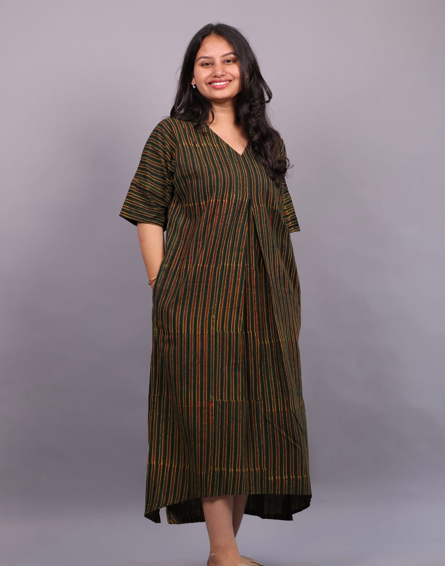 Green Ajrakh Handblock Printed Cotton Kaftan – Elegant & Breathable Ethnic Wear | Looms & Tassels