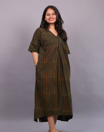 Green Ajrakh Handblock Printed Cotton Kaftan – Elegant & Breathable Ethnic Wear | Looms & Tassels