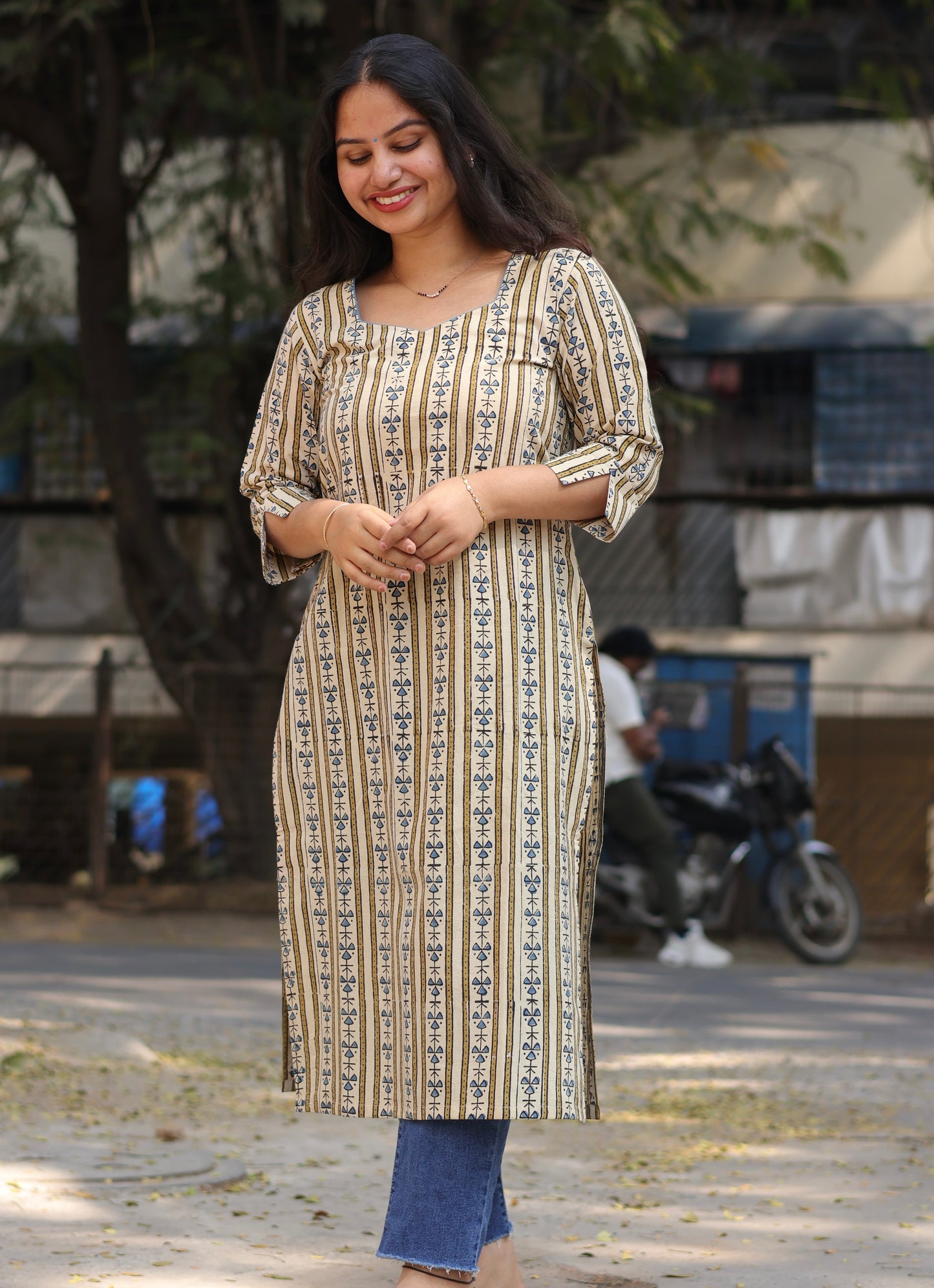 Cream Ajrakh Hand Block Printed Kurti