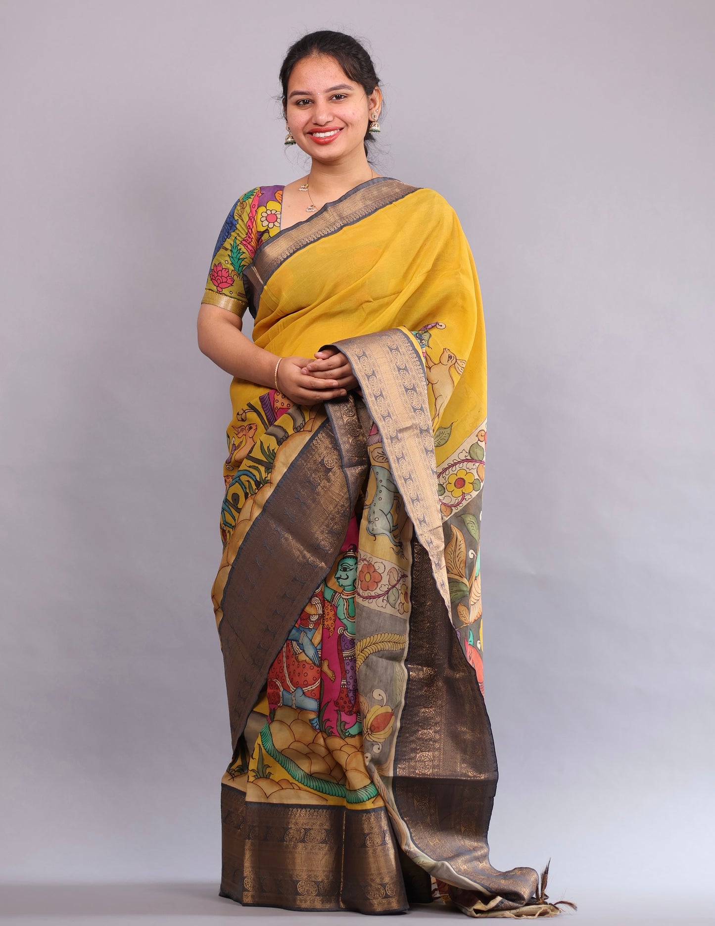 Yellow Hand Painted Pen Kalamkari Silk Saree