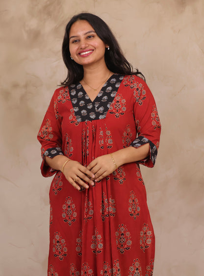Red Pure Mul Cotton Ajrakh Patchwork Aline Kurta | Looms & Tassels