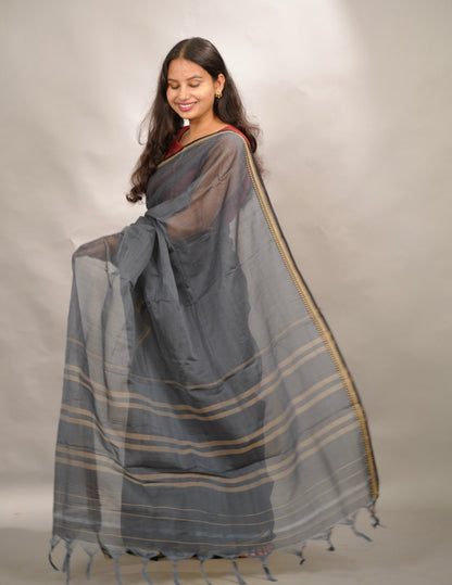 Elephant Grey Narayanpet Cotton Saree | Looms & Tassels