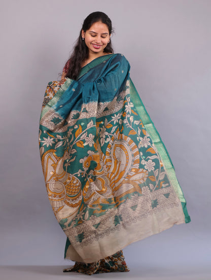 Peacock Green Chanderi Silk Kalamkari dyeing saree | Looms & Tassels