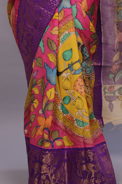 Pink Hand Painted Pen Kalamkari Silk Saree
