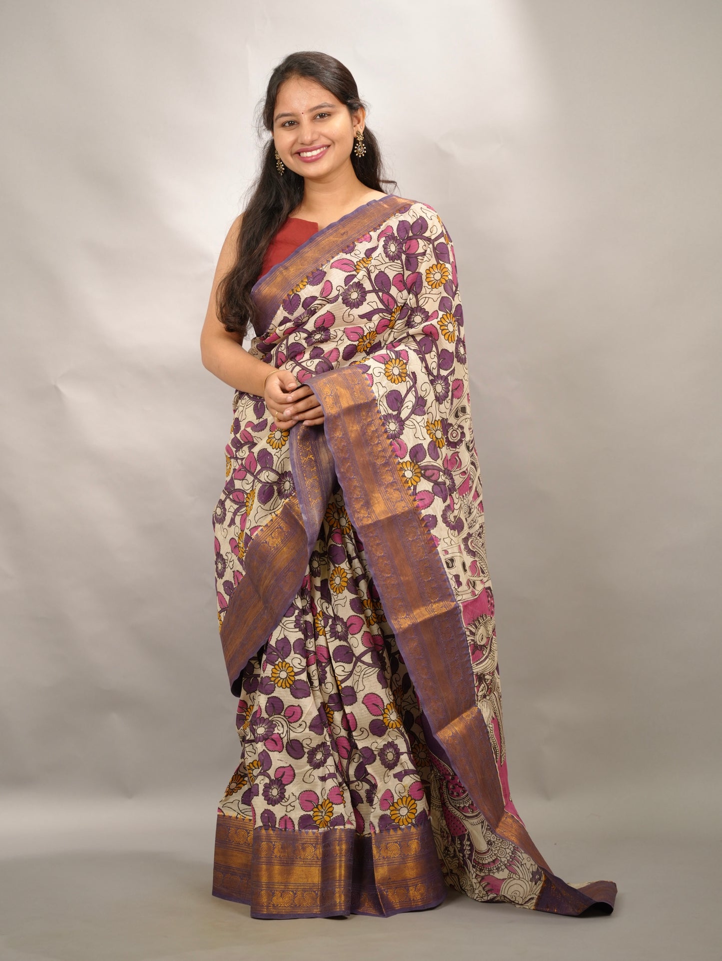Off White Kanchi border Kalamkari chennur silk saree | Looms & Tassels