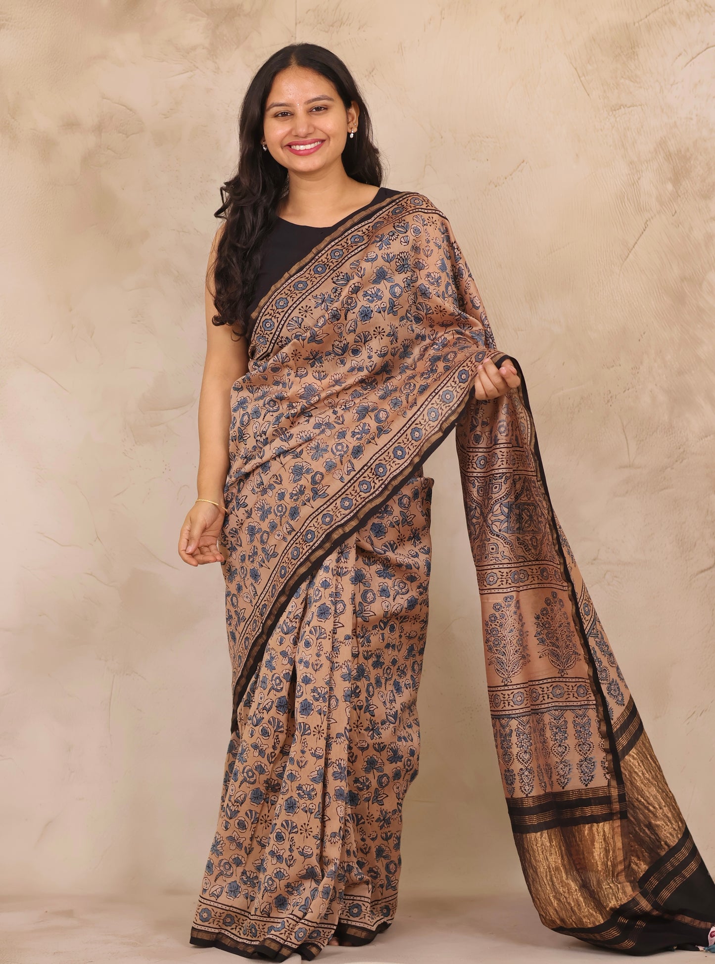 Maheswari Silk Cotton Ajrakh Handblock Printed Saree | Looms & Tassels