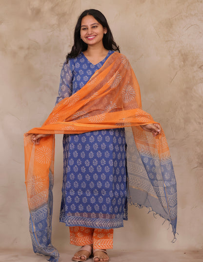 Blue Handblock printed kota 3 piece suit (stitched)