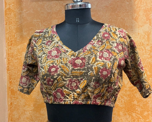V neck Stretchable Hand block printed kalamkari blouse