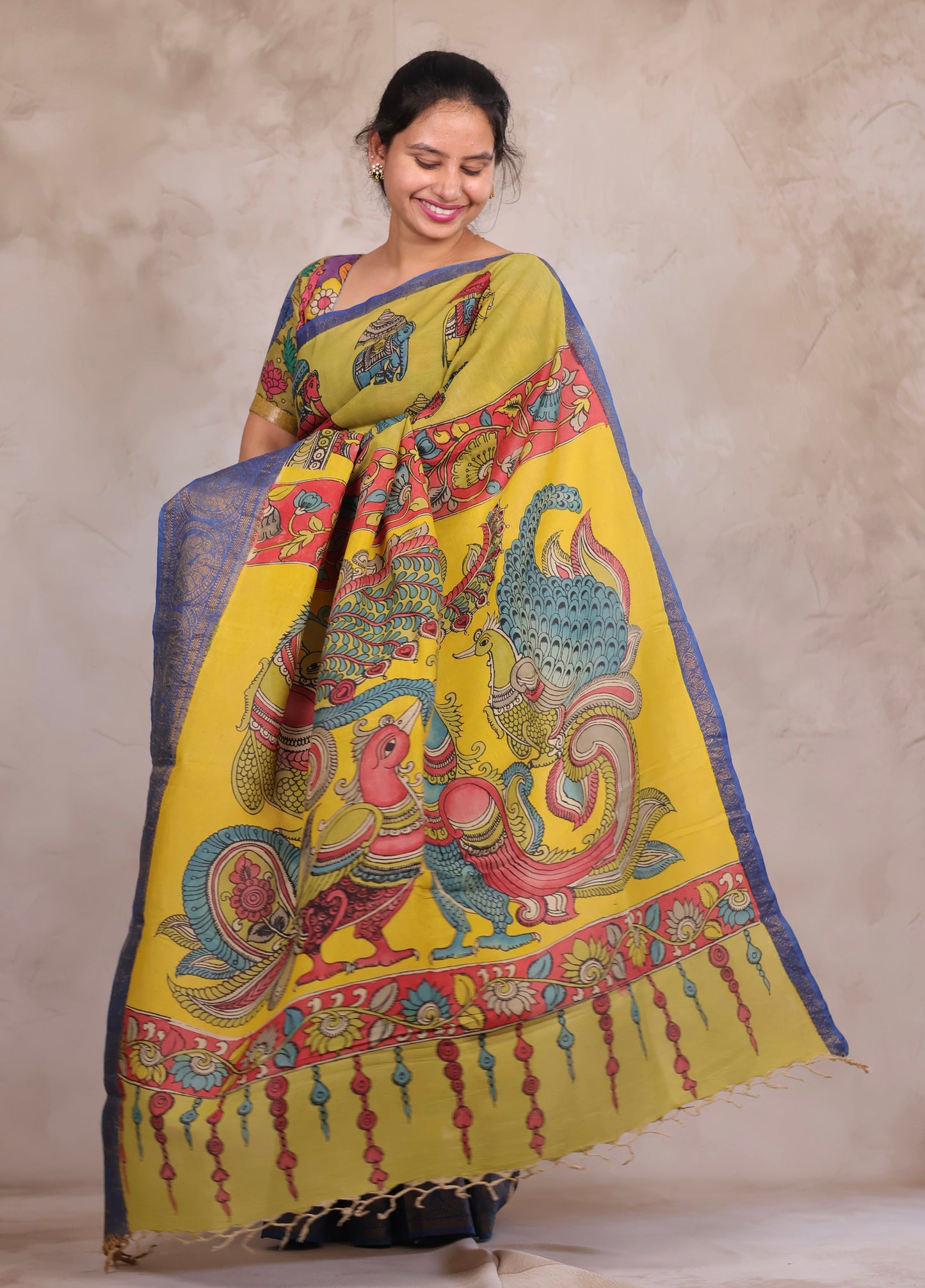 Hand Drawn Pen Kalamkari Parrot Green And Blue Bangalore Silk Kanchi Border Saree | Looms & Tassels